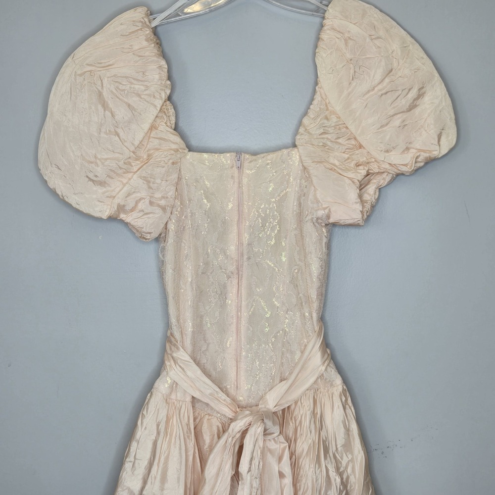 Vtg 80s Mayvens of California Iridescent Peach Pink Lace Puff Sleeve Prom Dress - Picture 9 of 14